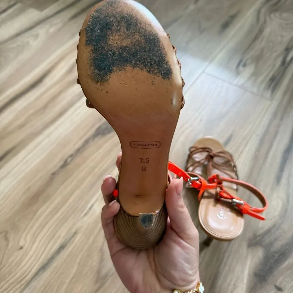 Coach Womens Fluorescent Orange Tan Lana Leather Strappy Heel Sandal Size 7.5